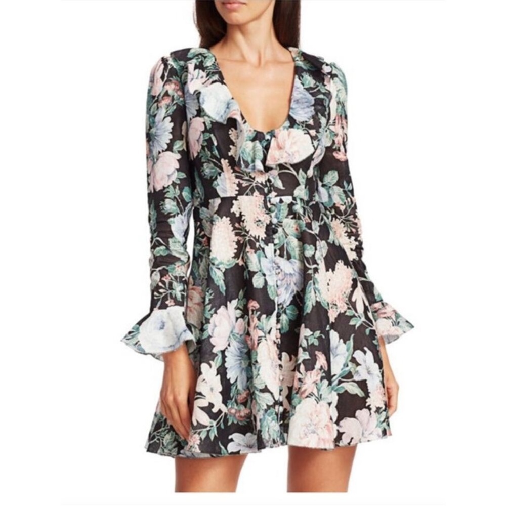 Zimmermann Black Floral Ruffle Mini Dress with Pastel Pink & Mint